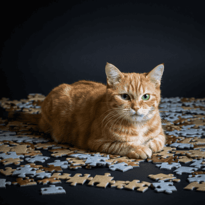 orange cat sitting on a jigsaw puzzle