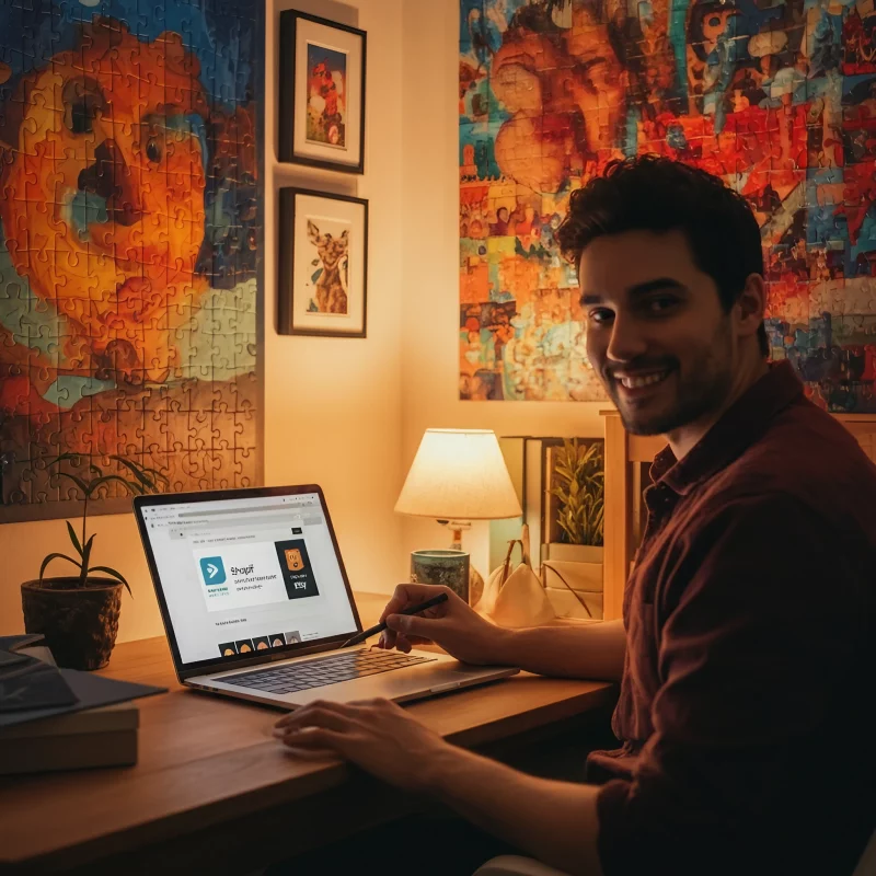 man sitting at desk with laptop open and puzzles on the walls
