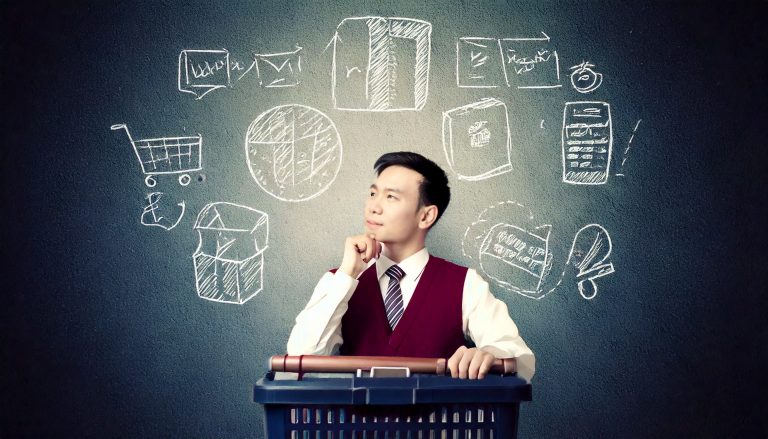 man sitting and thinking with thinking icons above his head