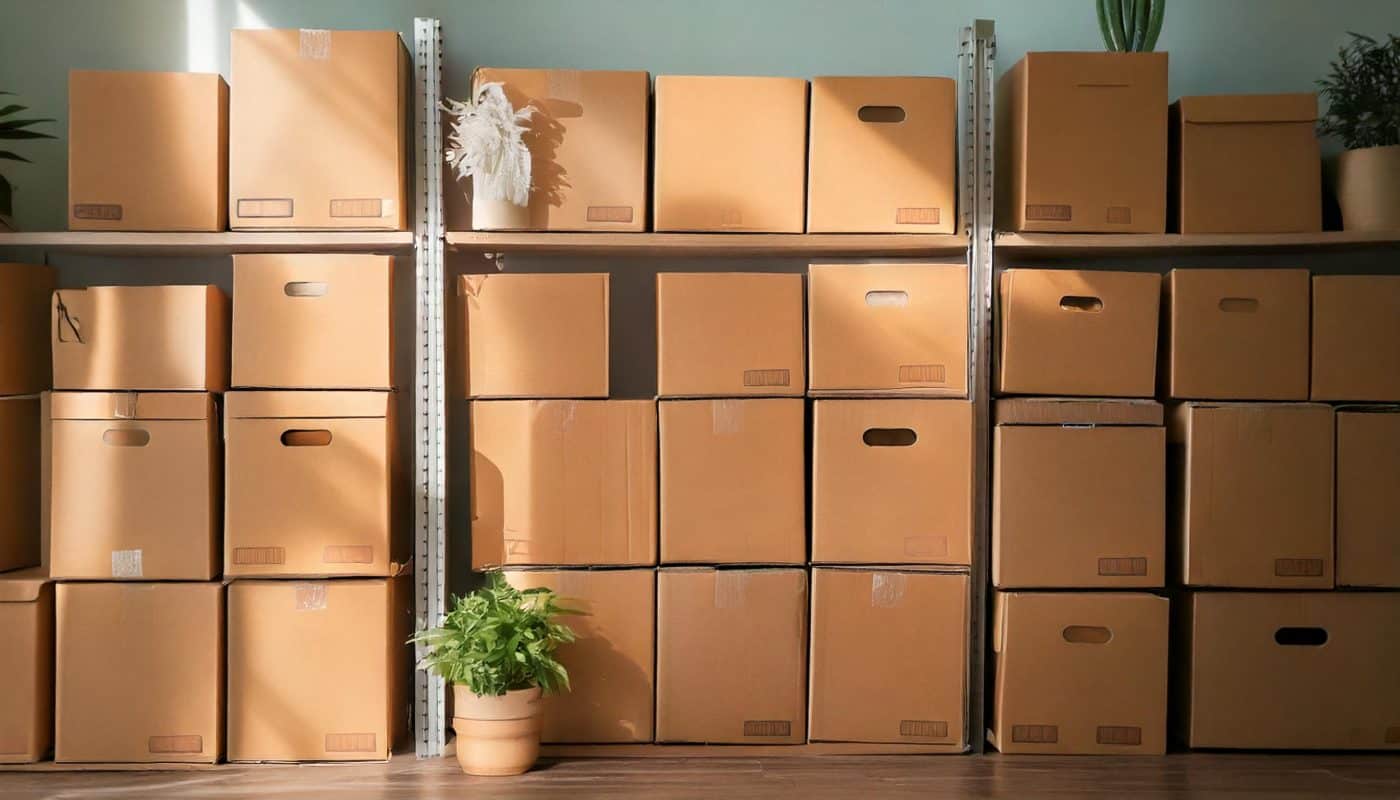 shelves filled with brown cardboard boxes