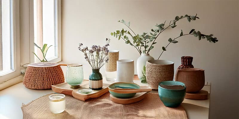 a table with various simple bowls and pots