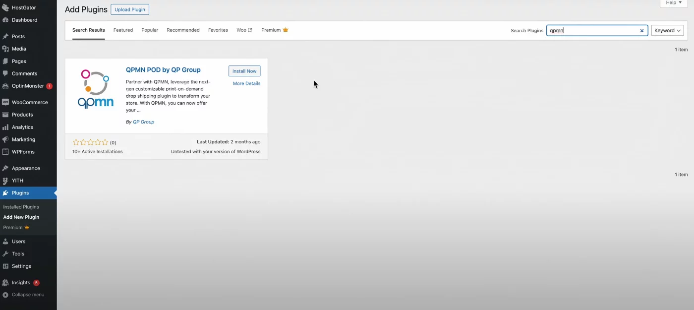 wordpress dashboard showing search