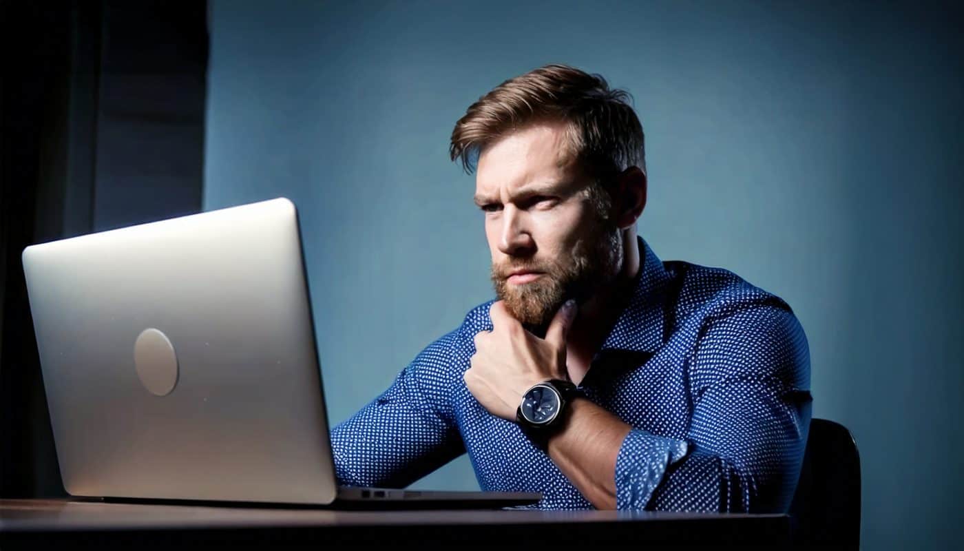 man in suit looking at a computer