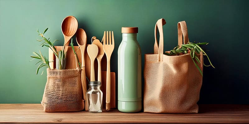 eco friendly utensils and bag on a table