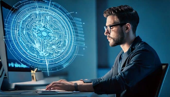 man using a laptop with 3d image projecting out