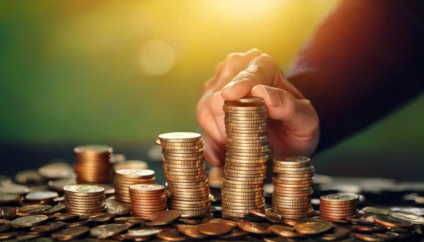 hand on a stack of gold coins indicating a blog that shows how to profit online
