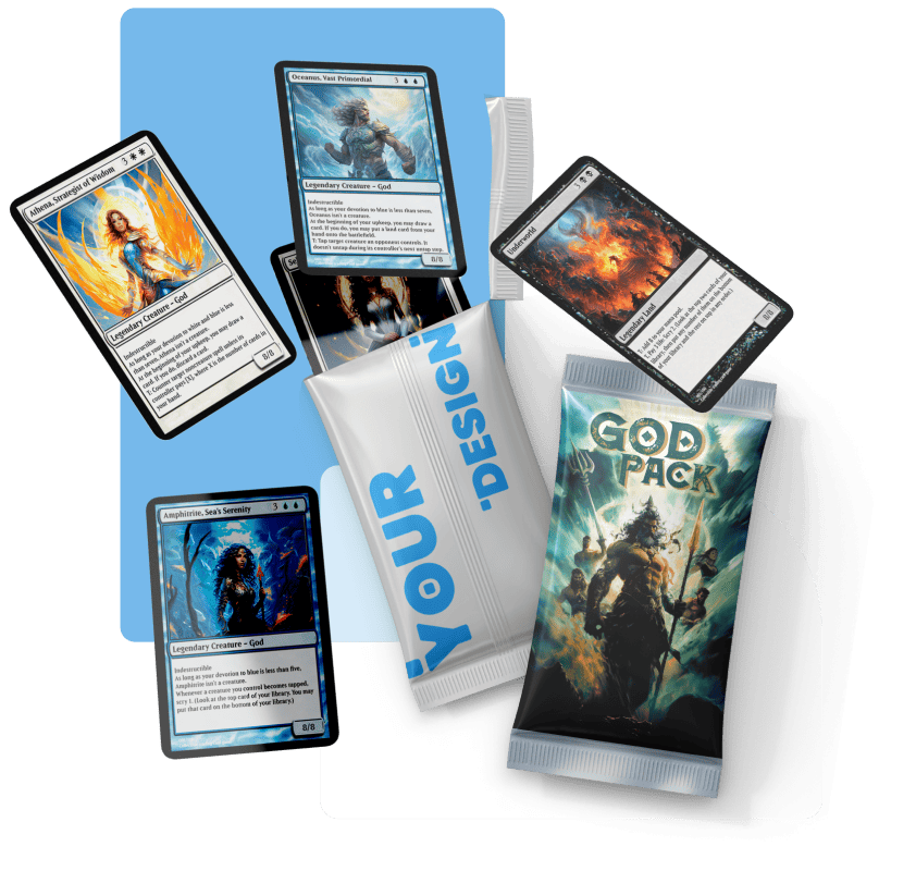 a selection of trading cards coming out of a custom booster pack