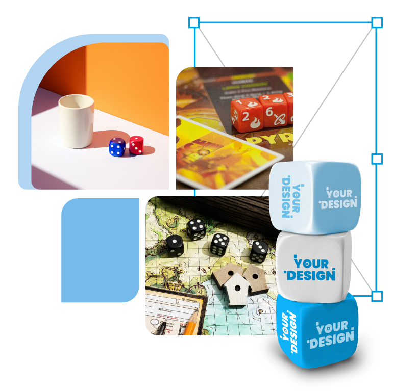 assorted board game images with custom dice