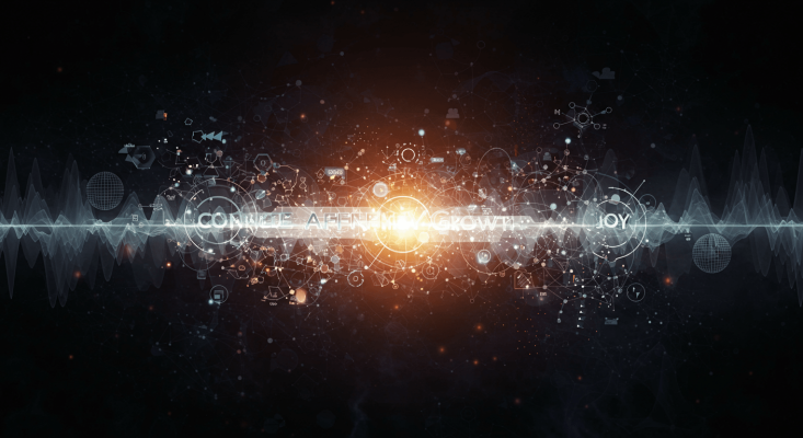 A futuristic design with glowing text reading 'CONNECT,' 'AFFINITY,' 'GROWTH,' and 'JOY,' surrounded by molecular and network patterns on a dark background