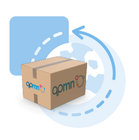A cardboard box with a colorful logo on it, surrounded by a circular arrow and background shapes.