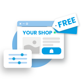 A digital shop interface with a 'YOUR SHOP' label and a blue 'FREE' tag.
