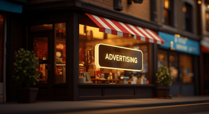 store front with advertising text on it