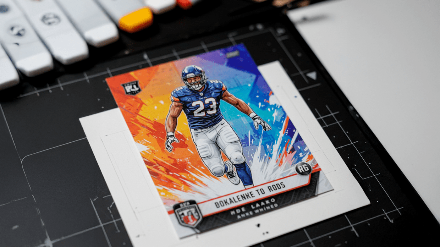 An American football trading card featuring a player in a blue uniform with the number 23, captured in a dynamic action pose. The card has a vibrant background with splashes of orange, blue, and white, emphasizing motion and energy. Text on the card includes 'NFL PA,' 'ROOKIES,' and other details, with a shield-like logo in the bottom left corner. The card is placed on a dark surface with grid lines, surrounded by colorful buttons, suggesting a collector's workspace