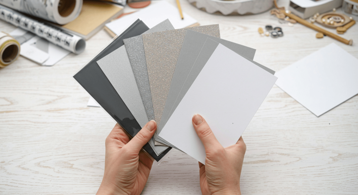 Two hands holding a fanned-out set of seven rectangular cards or paper samples, showcasing a gradient of colors from black to white, including shades of gray and glittery textures. The background features a light wooden surface with various scattered items, such as a roll of paper, a notebook, a pencil, small circular objects, and an open box with additional paper. The scene suggests a creative workspace focused on material or color selection for design or crafting purposes.