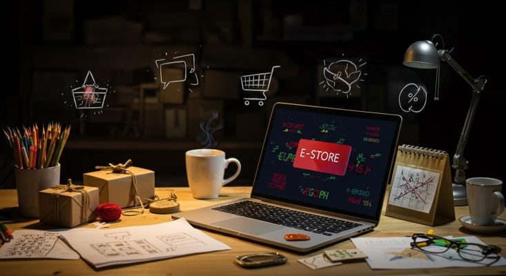 A laptop displaying an e-store concept with icons, surrounded by a cup of coffee, pencils, and wrapped packages.