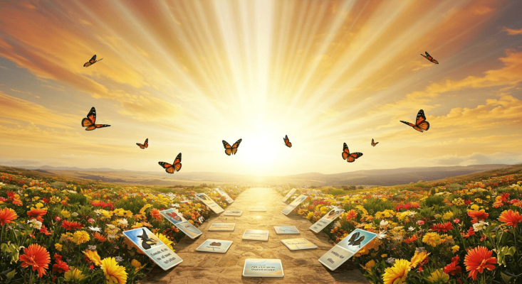 Monarch butterflies flying over a flower field with a stone pathway leading to a glowing sun, surrounded by vibrant colors and cards along the path