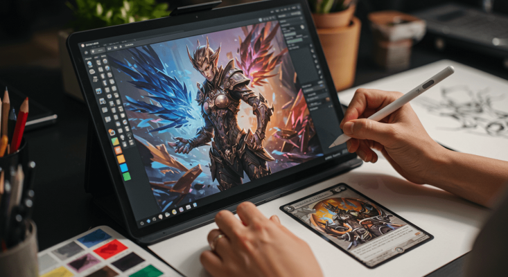 A creative workspace featuring a tablet displaying digital artwork of a fantasy-style armored character with one blue wing and one red/orange wing. A hand holding a stylus is actively working on the design. To the right of the tablet, a trading card with similar artwork is placed, suggesting the design is part of a trading card game. The desk is equipped with art supplies, including a container of colored pencils and a color palette sheet, showcasing a blend of digital and traditional artistic tools.