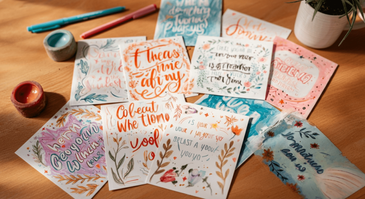 A collection of colorful, hand-designed affirmation cards with artistic lettering and floral motifs, scattered on a wooden table with pens and candles.