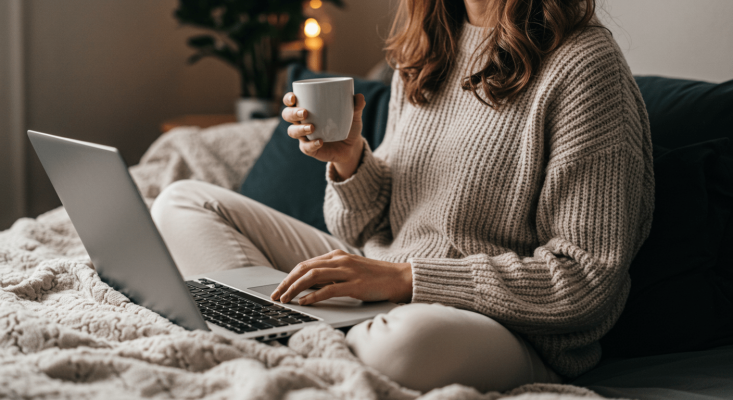 women with cup in hand and working on laptop comfortably at home