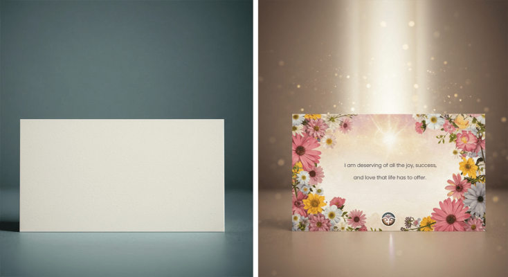 A split image showing a blank card on one side and a vibrant affirmation card with a floral border and motivational text on the other.