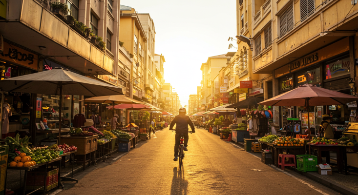 A sunrise over a bustling marketplace, representing new opportunities on the horizon