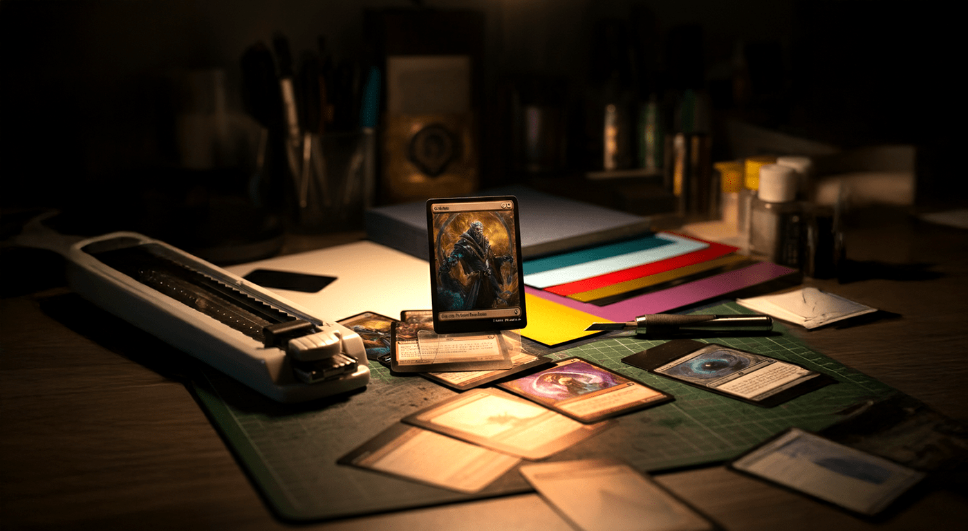 magic the gathering proxy card on a desk with stationary and tools