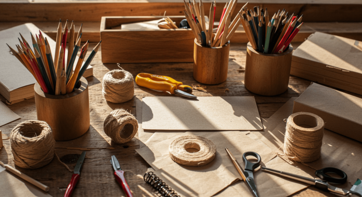 pencils and other stationary laid on table