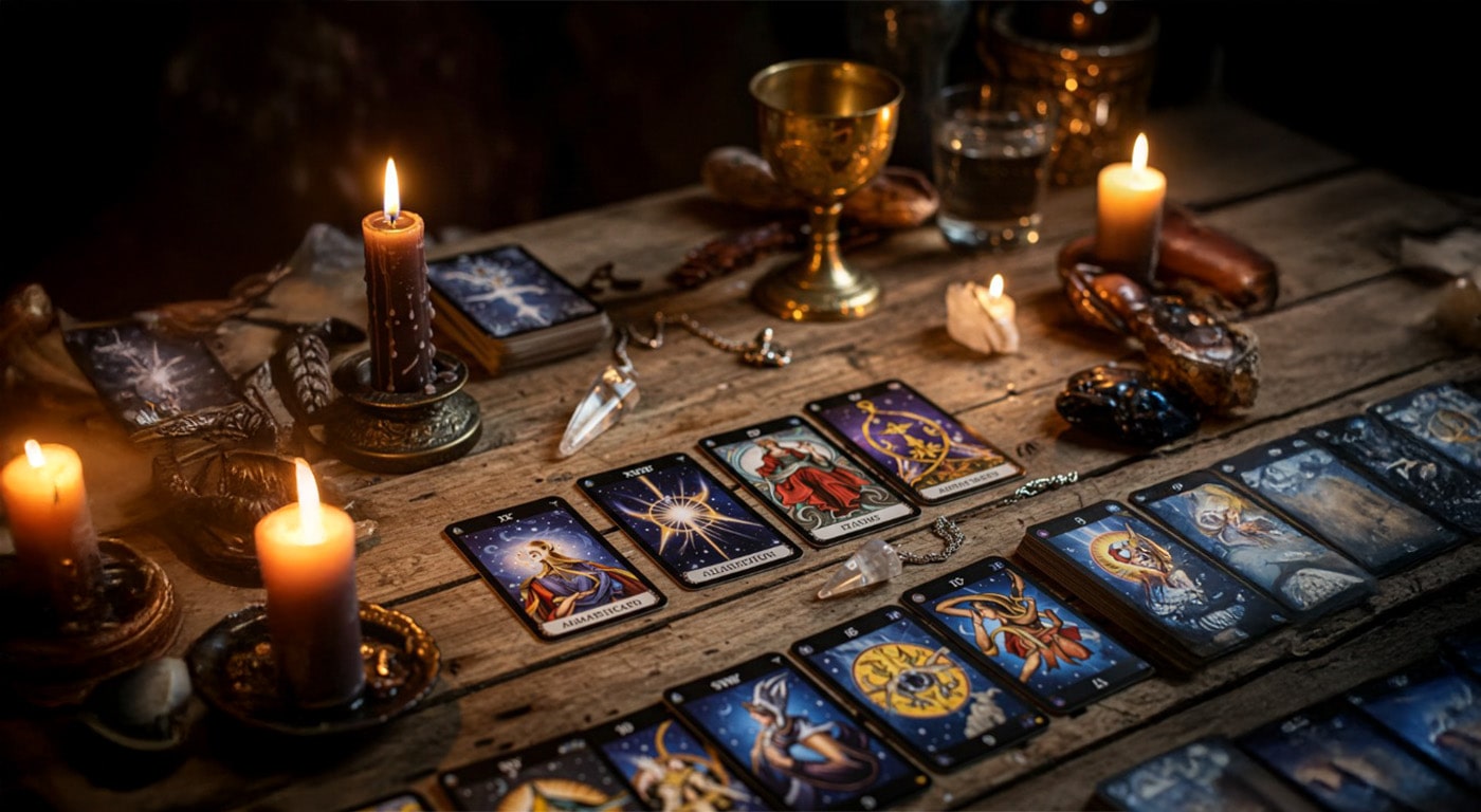 Tarot reading setup with cards, lit candles, crystals, and a chalice on a wooden table.