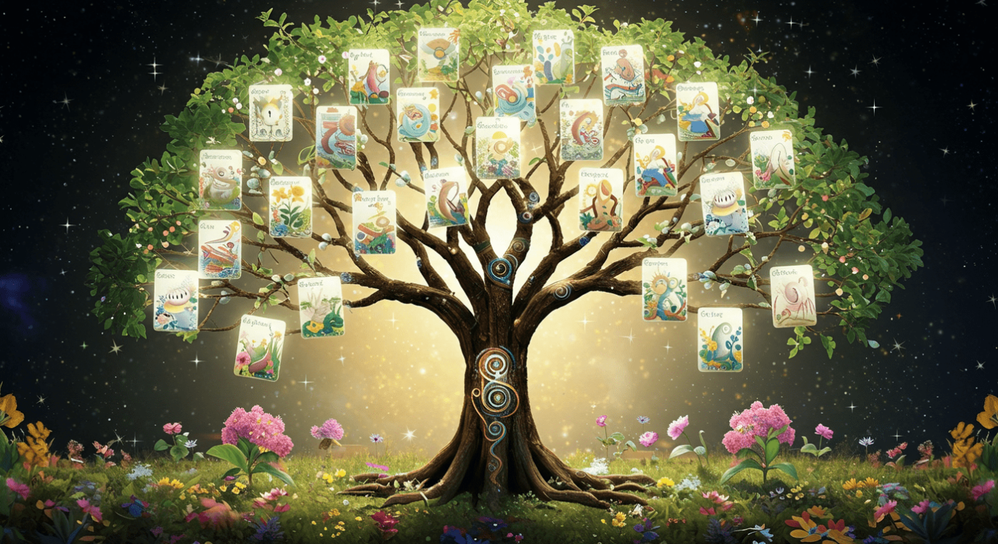 A mystical tree adorned with affirmation cards representing qualities like hope, courage, and joy, set against a starry night sky with glowing flowers at the base