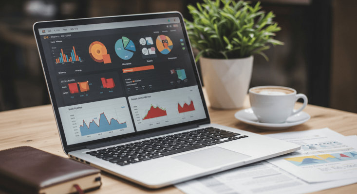 laptop with marketing graphs and charts on it