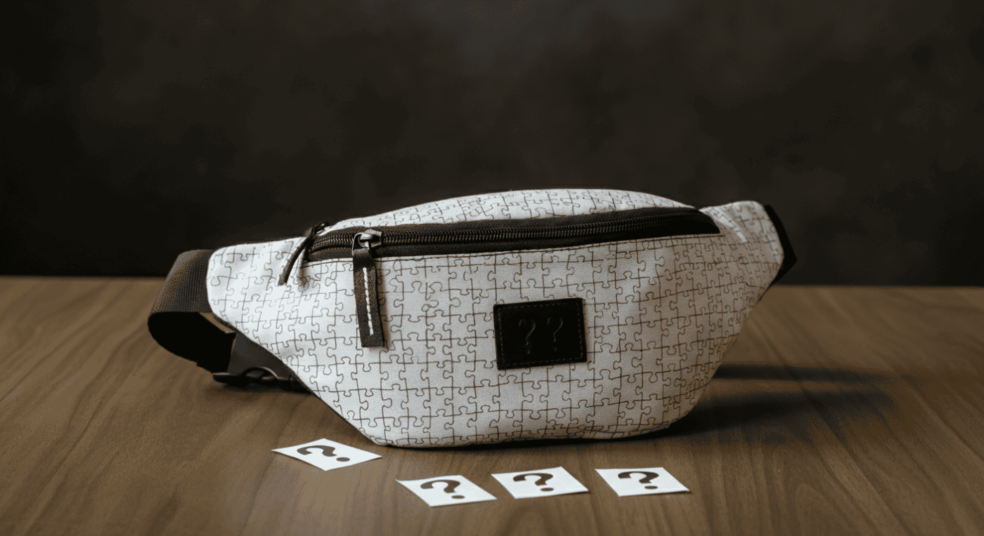 puzzle shaped fanny pack with question marks