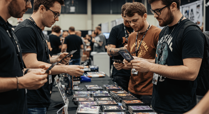 A scene at a convention, likely CCXP, where attendees wearing lanyards with 'CCXP' printed on them are gathered around a table. The table is covered with colorful rectangular items resembling card packs or small boxes, which the individuals are closely examining or holding. The casual attire and interactive setting suggest a pop culture or gaming event, emphasizing the enthusiasm and engagement of collectors or fans.