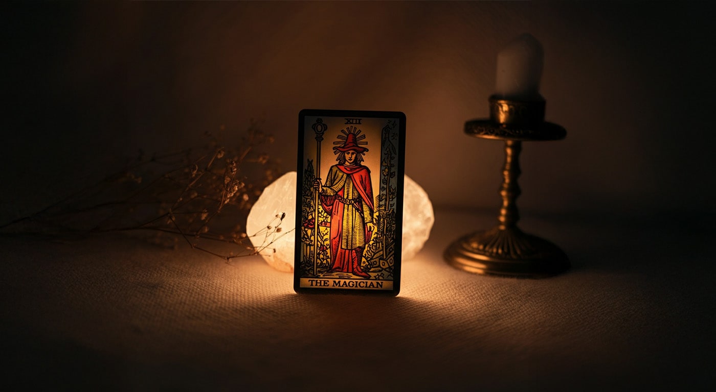 Tarot card 'The Magician' with glowing illumination, surrounded by a brass candle holder and dried plants on a textured fabric background
