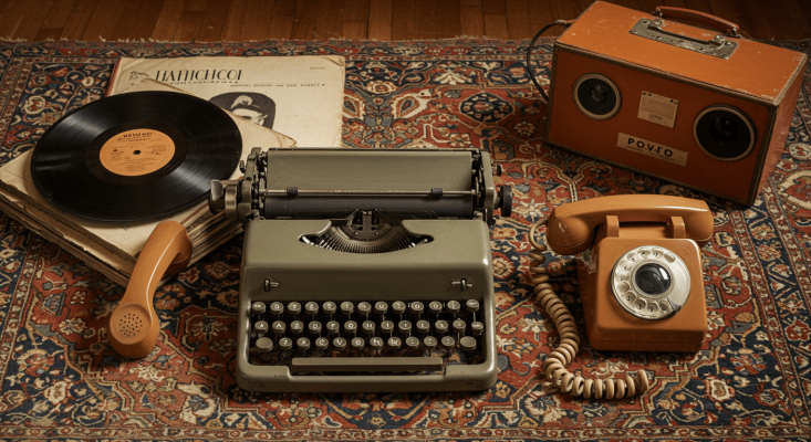 vintage typewriter, telephone and record