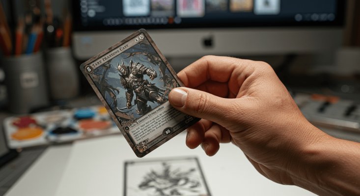 A hand holding a trading card featuring an illustration of a warrior in detailed armor, set against a stylized background. The card has a decorative border with symbols and text, typical of trading card games. In the background, a computer screen displays a blurred image, hinting at a digital workspace, while art supplies like jars with brushes and a paint palette are visible, suggesting a creative environment blending traditional and digital design processes.