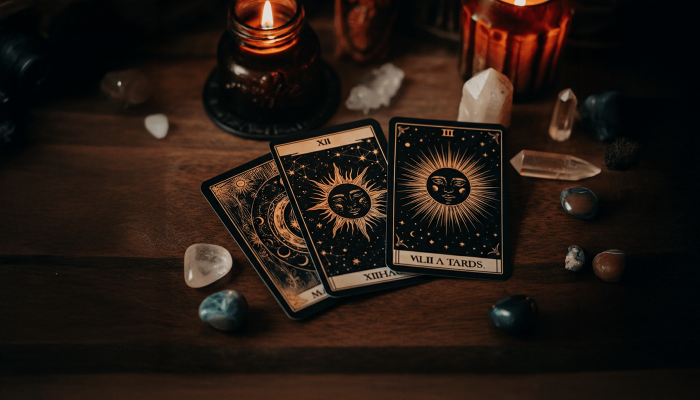 three tarot cards laid out on table