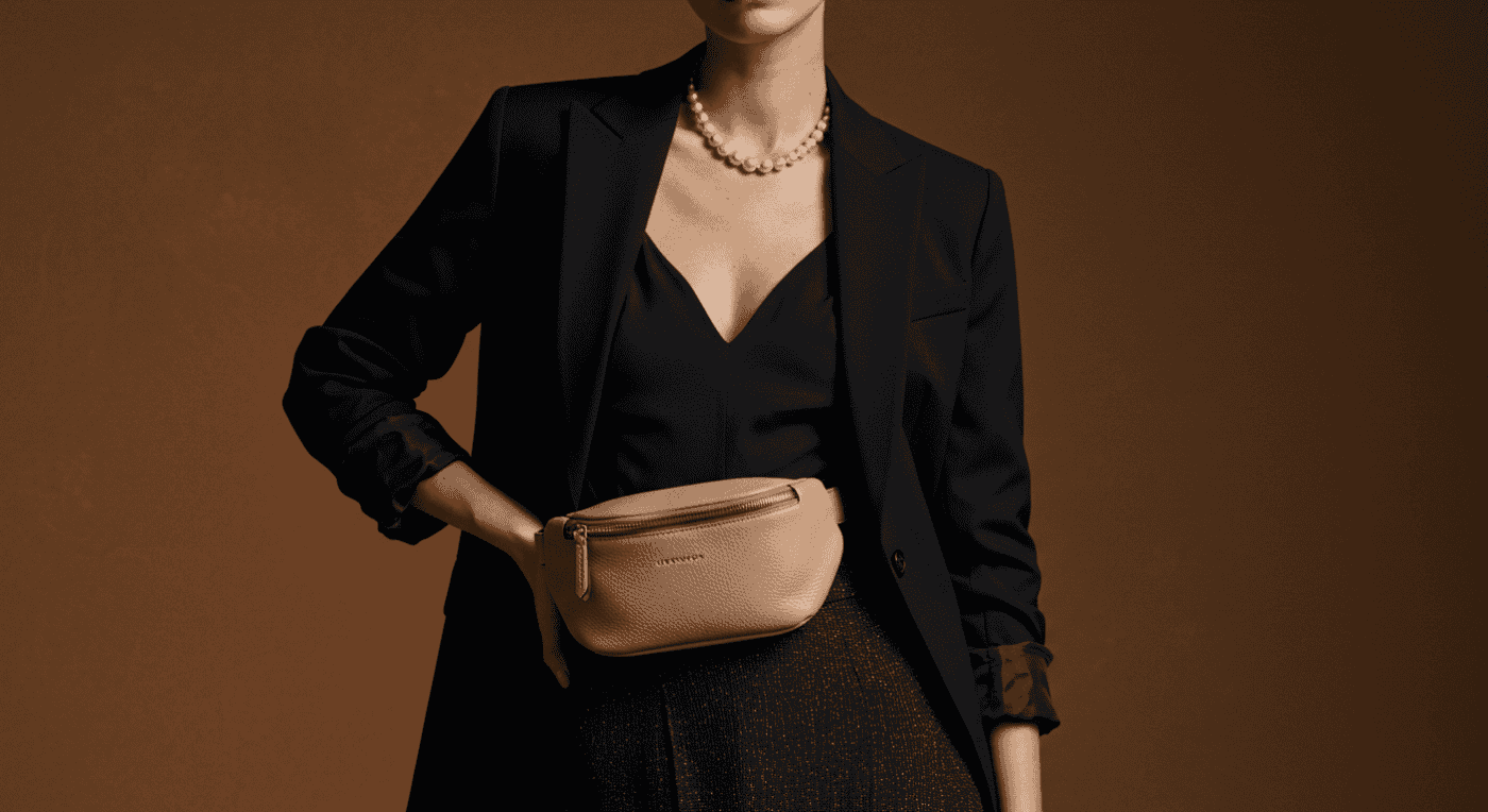 women with beige fanny pack