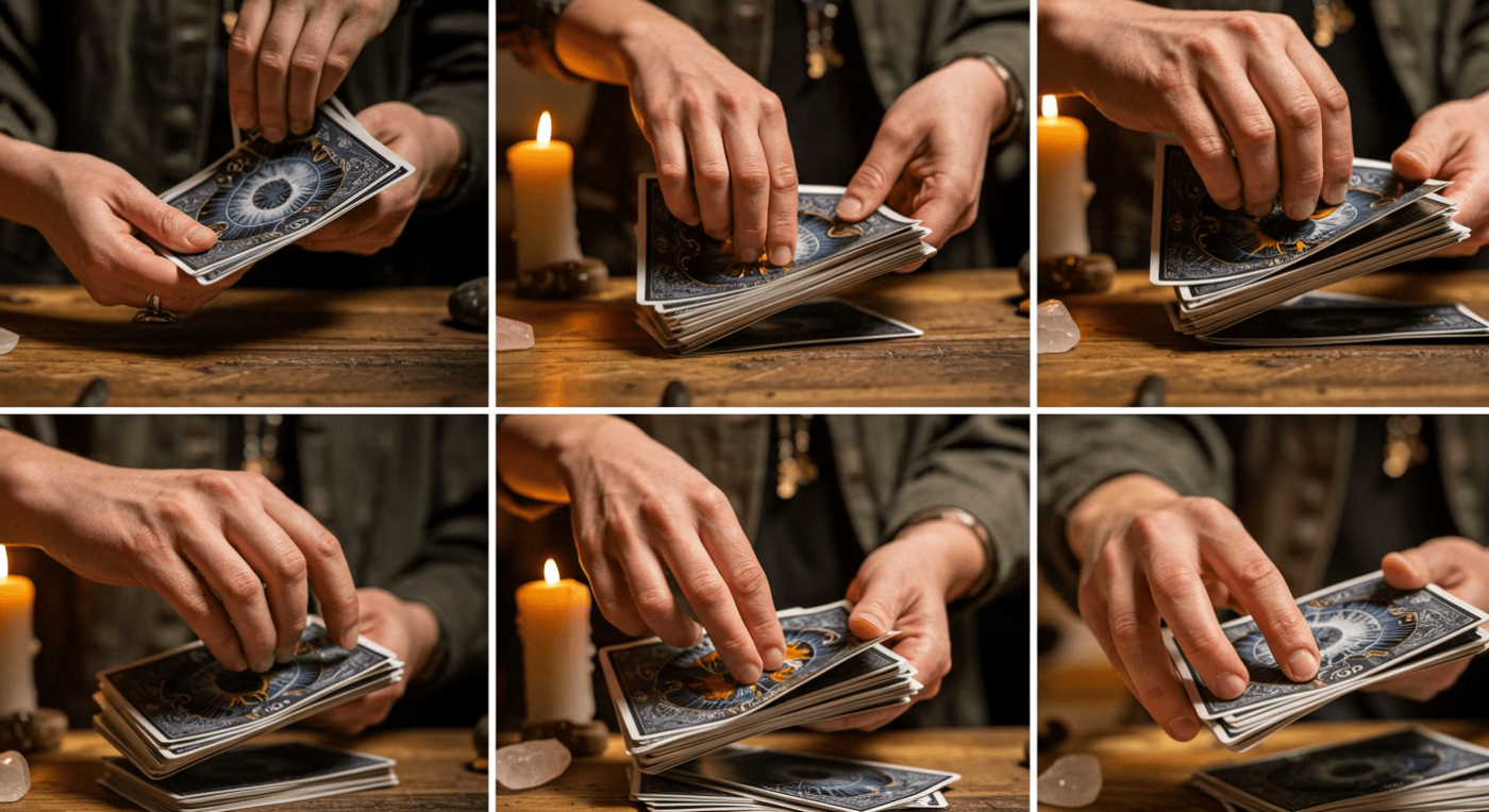 Hands demonstrating various tarot card shuffling techniques on a wooden table, surrounded by candles and crystals in a mystical setting