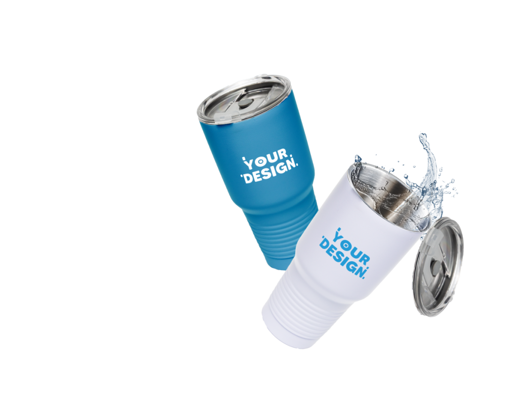 two custom stainless steel tumblers with your design written on them