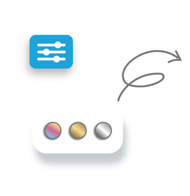 Three buttons in a row: a rainbow gradient, gold, and silver. A gear icon above suggests settings.