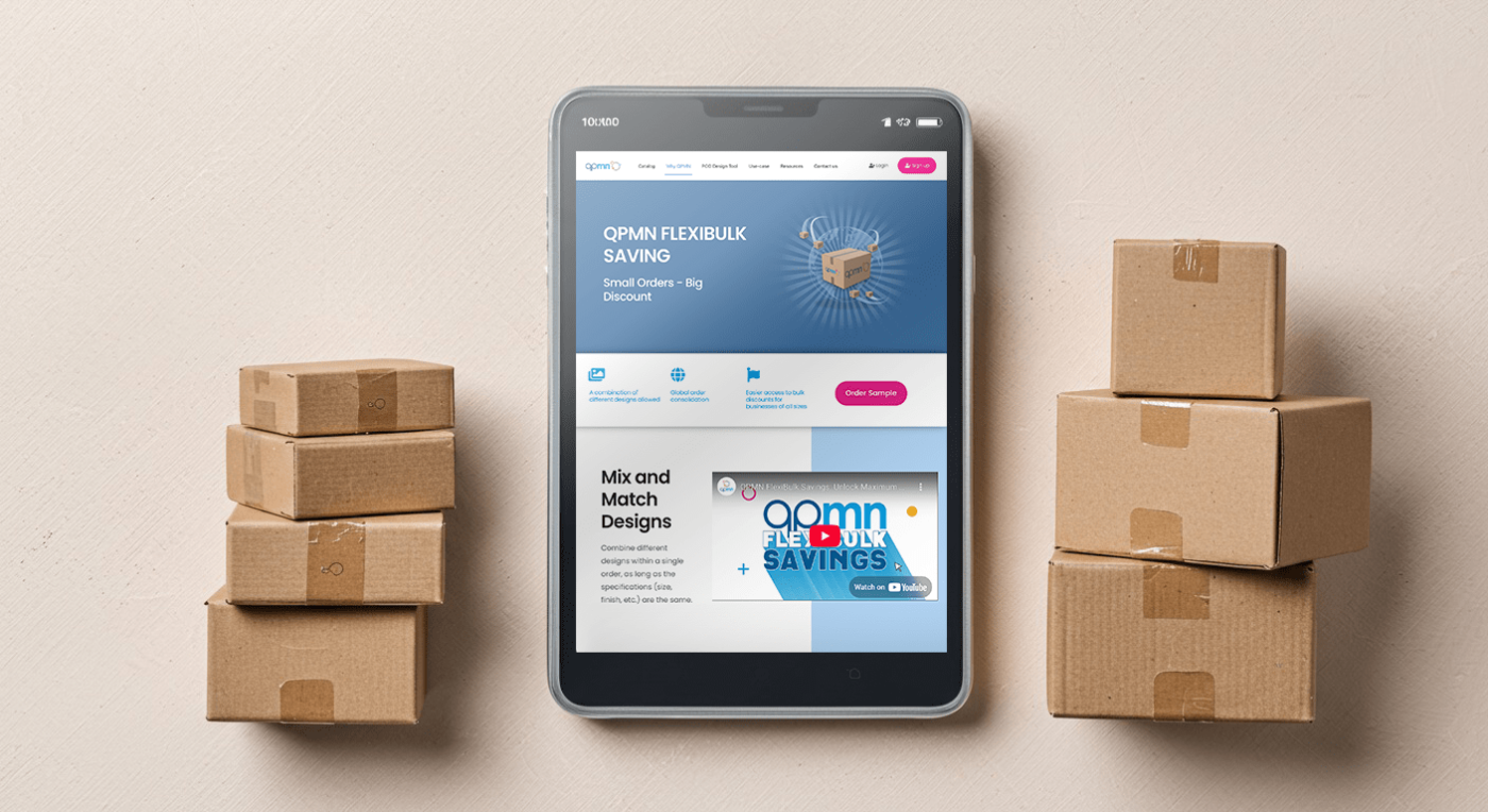 tablet with flexibulk savings screen and boxes beside it