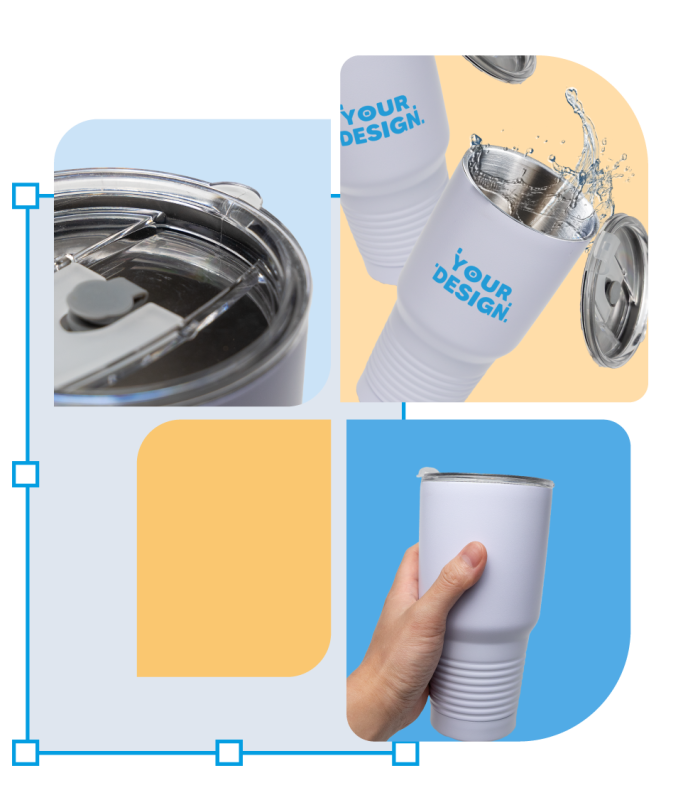 4 separate images of customer pod tumbler