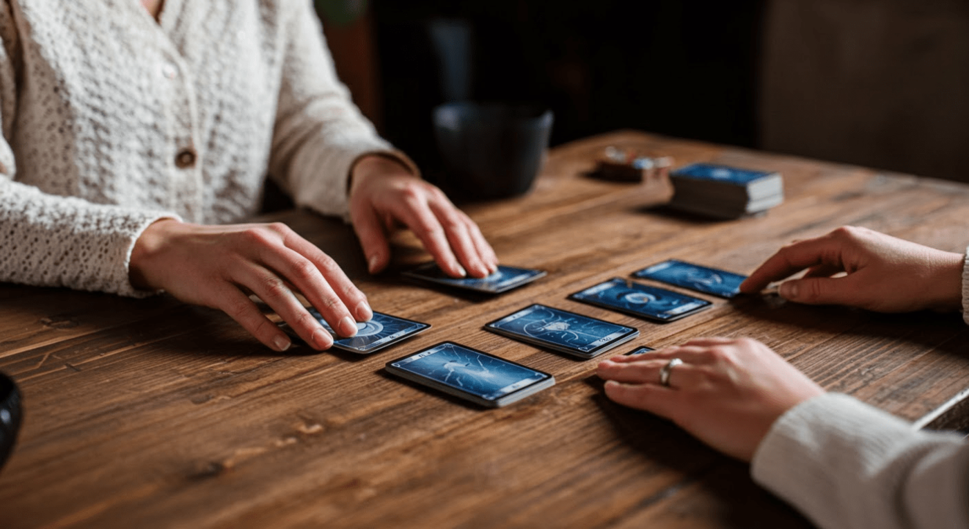 Two individuals interacting with tarot cards on a wooden table, with a warm and intimate atmosphere