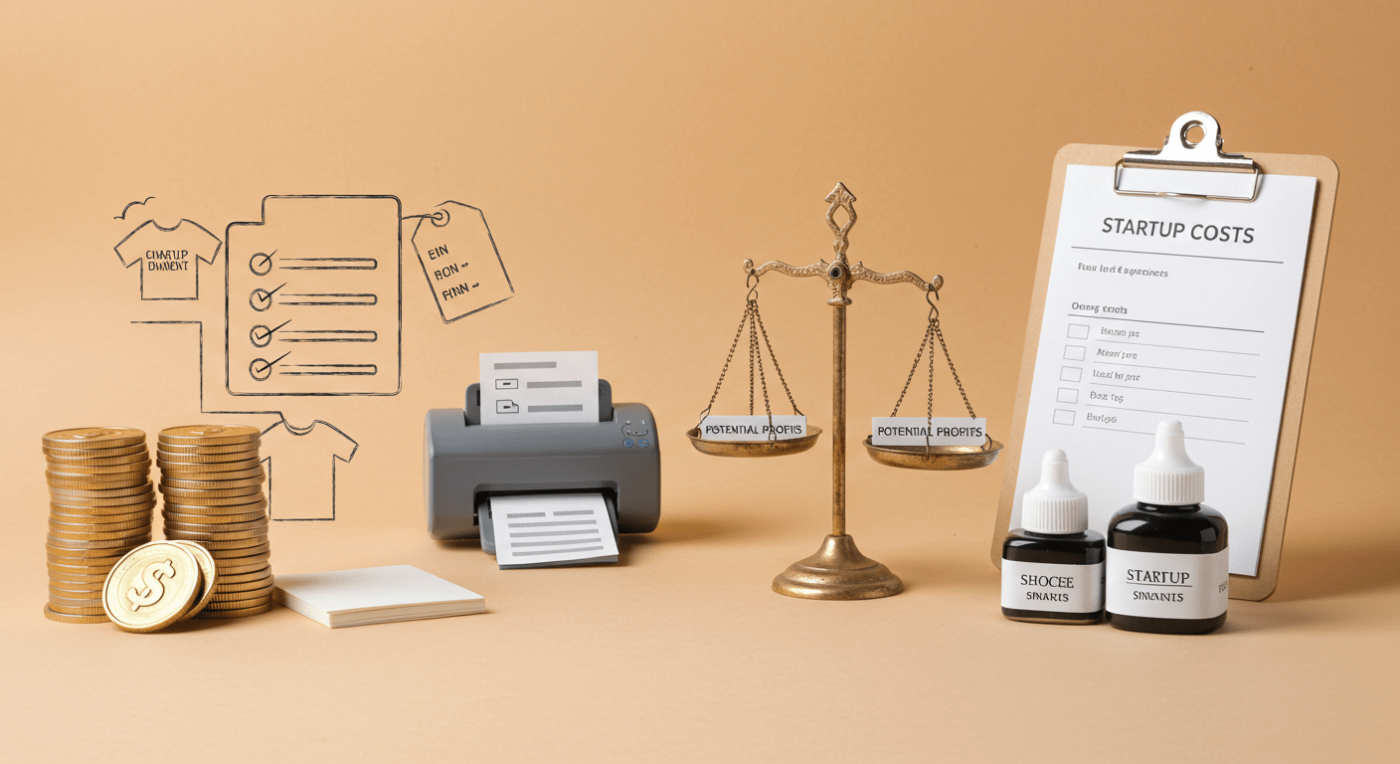 Conceptual illustration of startup costs for a printing business, featuring a balance scale labeled 'Potential Profits,' a clipboard listing startup and ongoing costs, a printer, and a stack of coins.