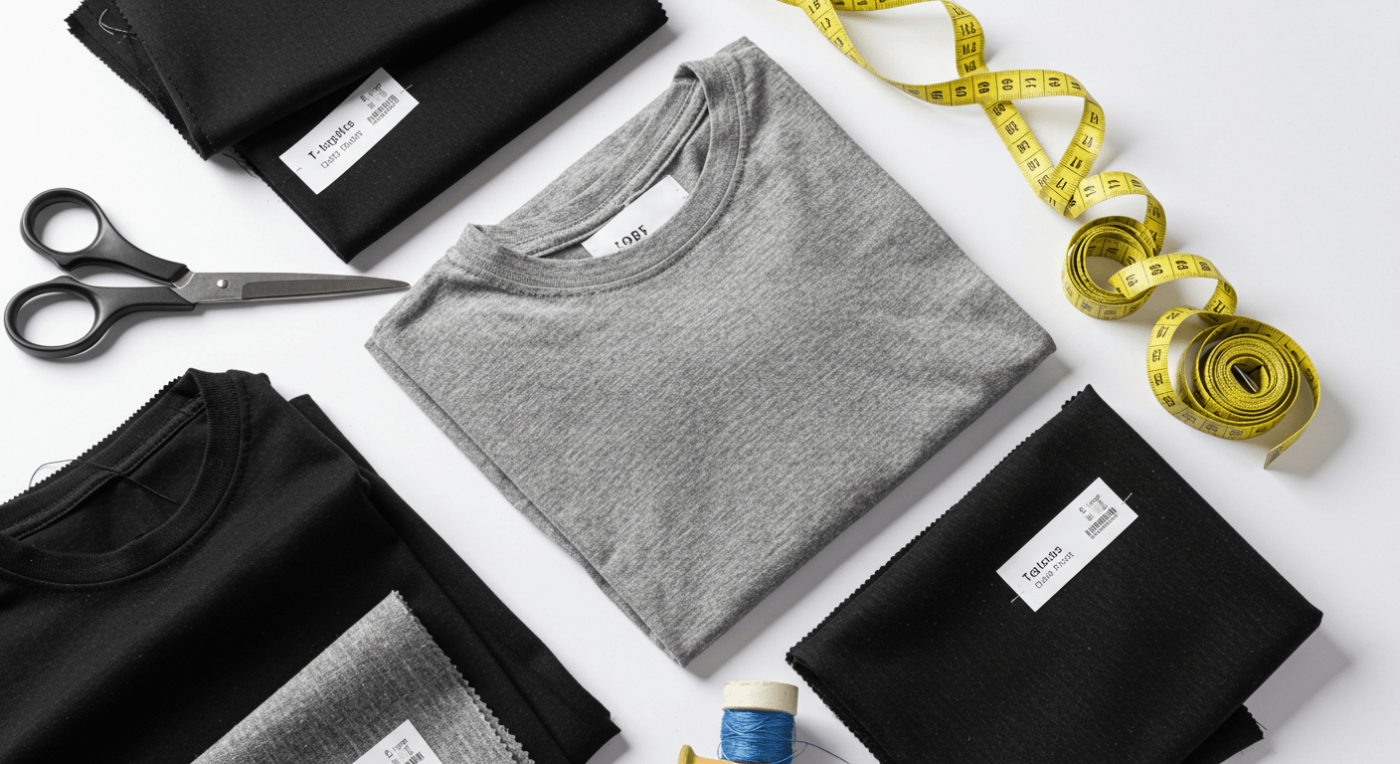 Tailoring tools with folded fabric and a grey T-shirt