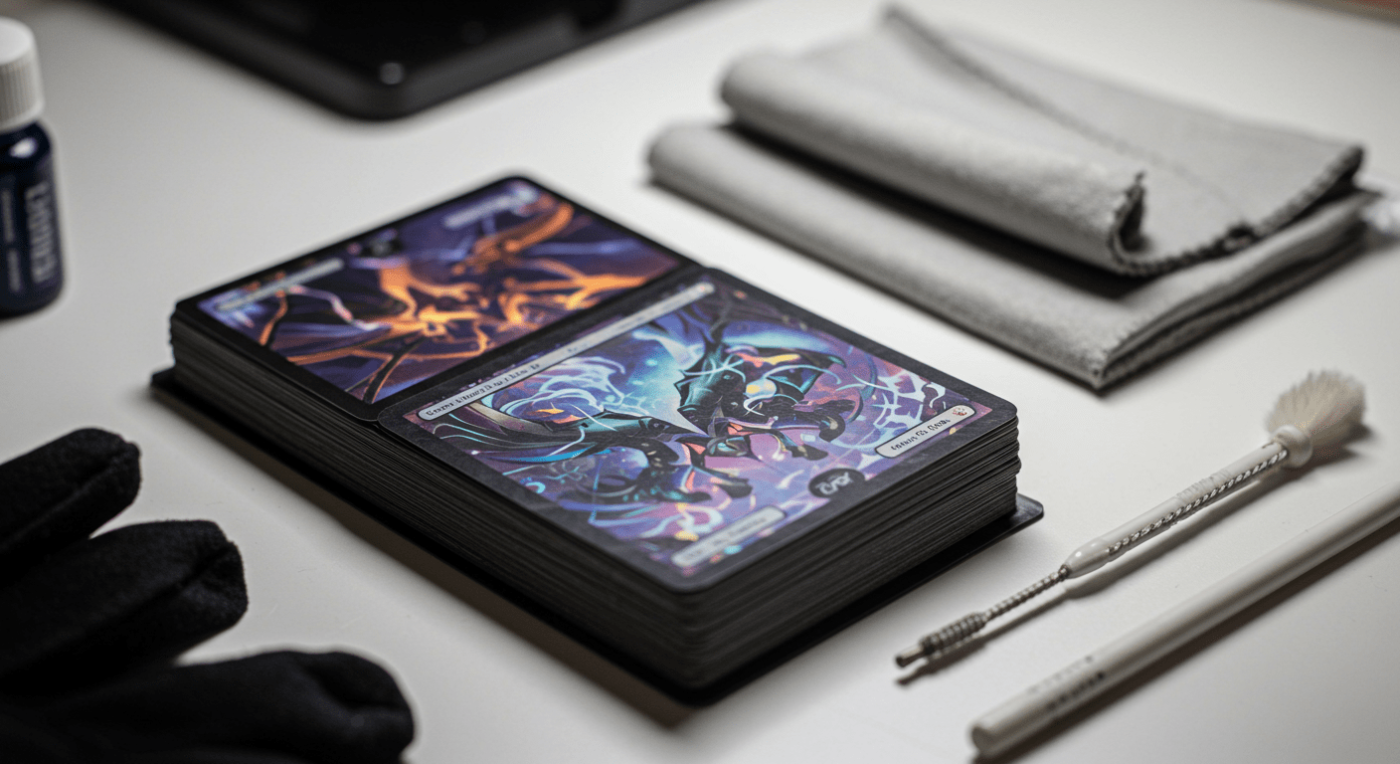 A stack of gaming cards with vivid artwork, a cleaning cloth, a small brush, and a bottle of cleaning solution on a table.