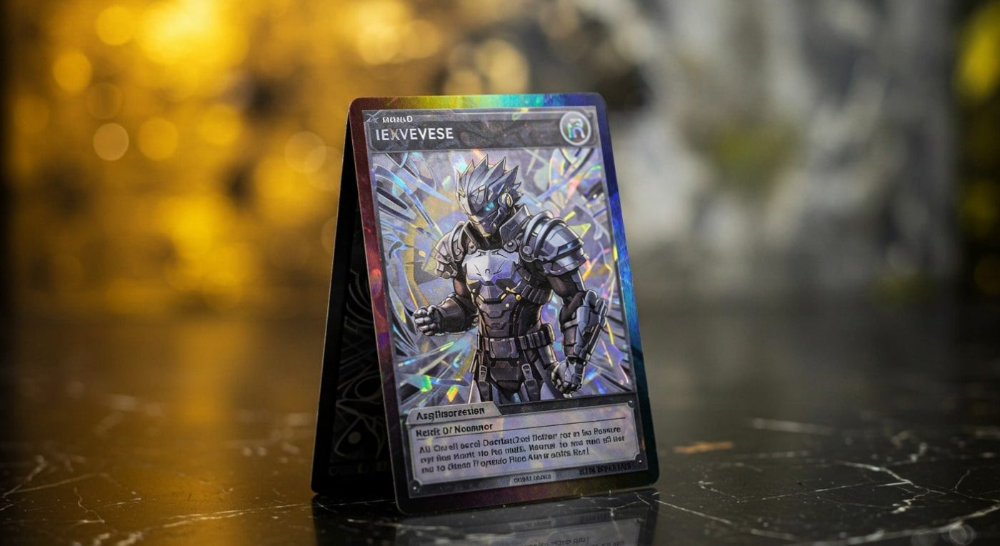 A holographic trading card featuring a armored character, with shiny details and colorful background.