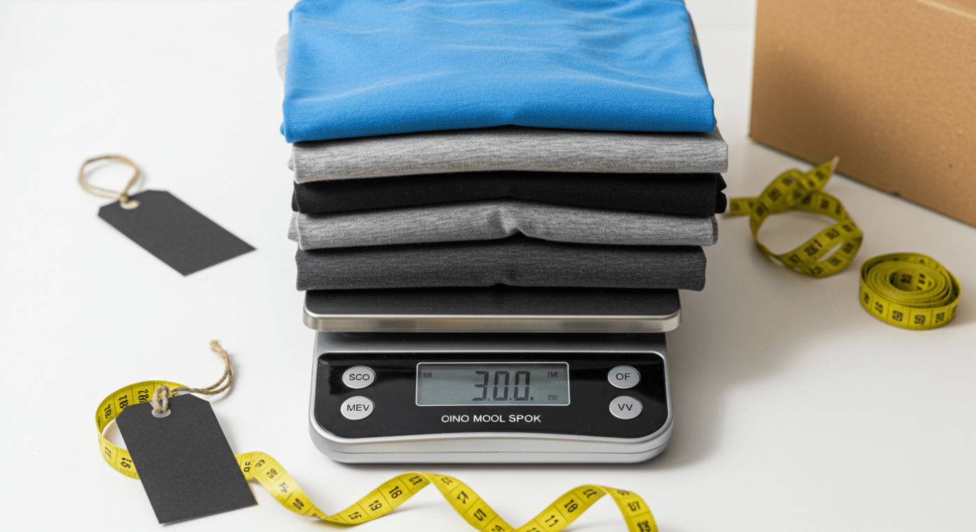 Stacked T-shirts on a digital scale with tags