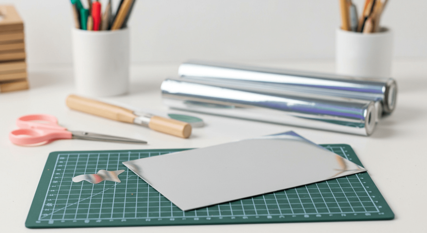 Craft supplies on a table: shiny silver foil, scissors, a cutting mat, and markers in a container.