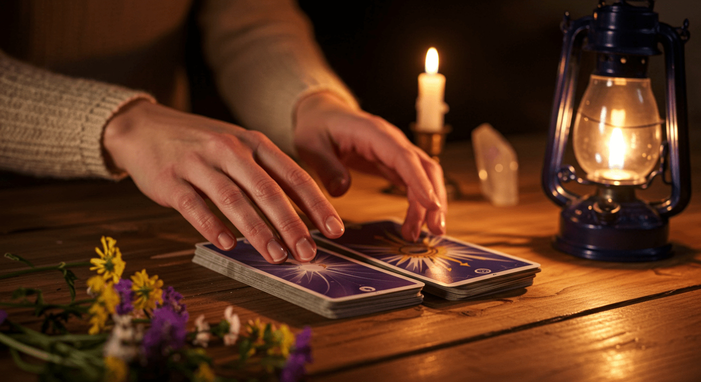 "Hands gently holding a tarot deck on a wooden table, surrounded by a lit candle, lantern, flowers, and crystals in a serene, mystical setting."